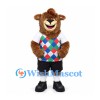 Sheep Mascot Costume in Brown with Diamond Pattern Vest and Black Shorts
