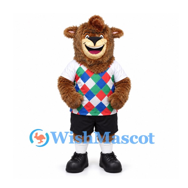 Sheep Mascot Costume in Brown with Diamond Pattern Vest and Black Shorts