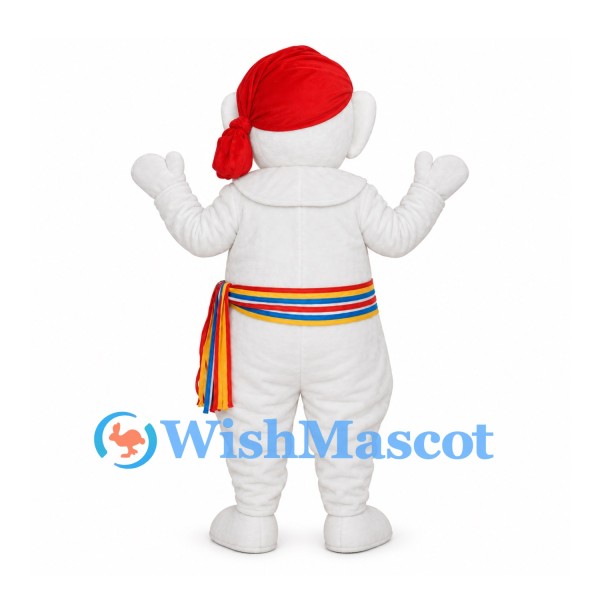 Snowman Mascot Costume in White with Red Headscarf and Rainbow Waist Sash