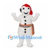 Snowman Mascot Costume in White with Red Headscarf and Rainbow Waist Sash