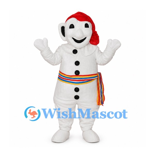 Snowman Mascot Costume in White with Red Headscarf and Rainbow Waist Sash