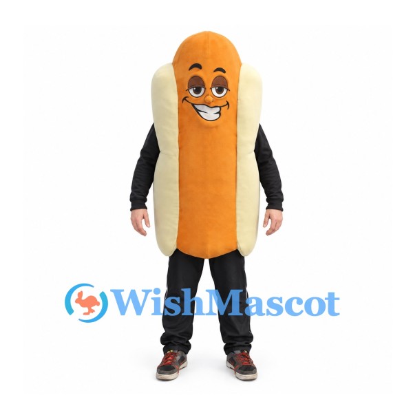 Hot Dog Mascot Costume in Tan Bun with Black Sleeves and Trousers