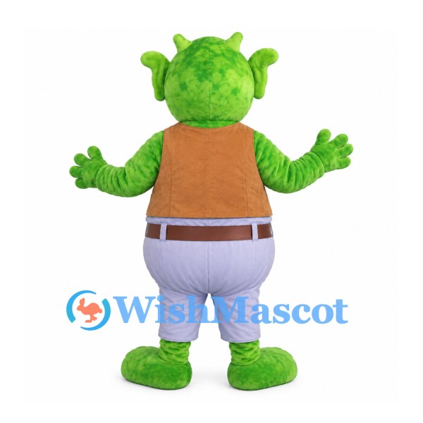 Ogre Mascot Costume in Green with Brown Vest and Gray Trousers