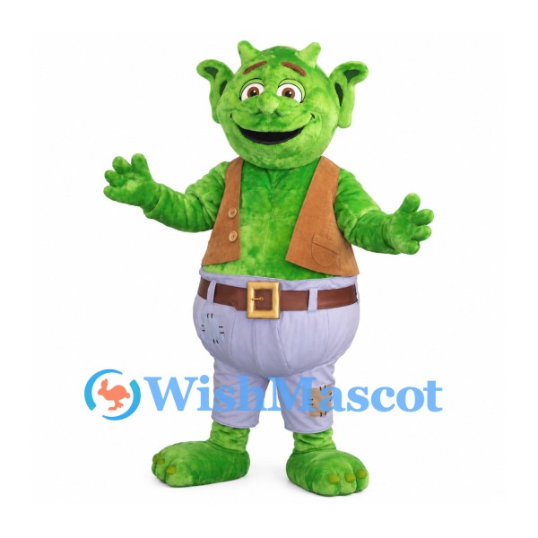 Ogre Mascot Costume in Green with Brown Vest and Gray Trousers