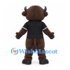 Bull Mascot Costume in Brown with Yellow Muzzle and Black Sports Shirt