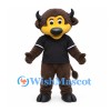 Bull Mascot Costume in Brown with Yellow Muzzle and Black Sports Shirt