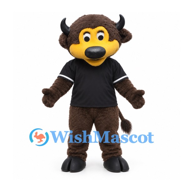 Bull Mascot Costume in Brown with Yellow Muzzle and Black Sports Shirt