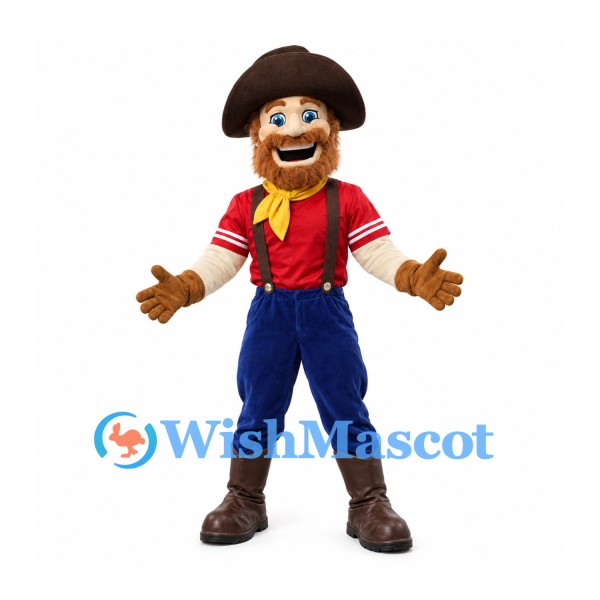 Cowboy Mascot Costume with Brown Beard Red Shirt and Blue Trousers