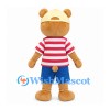 Bear Mascot Costume in Tan with Red Striped Shirt Blue Shorts and Visor