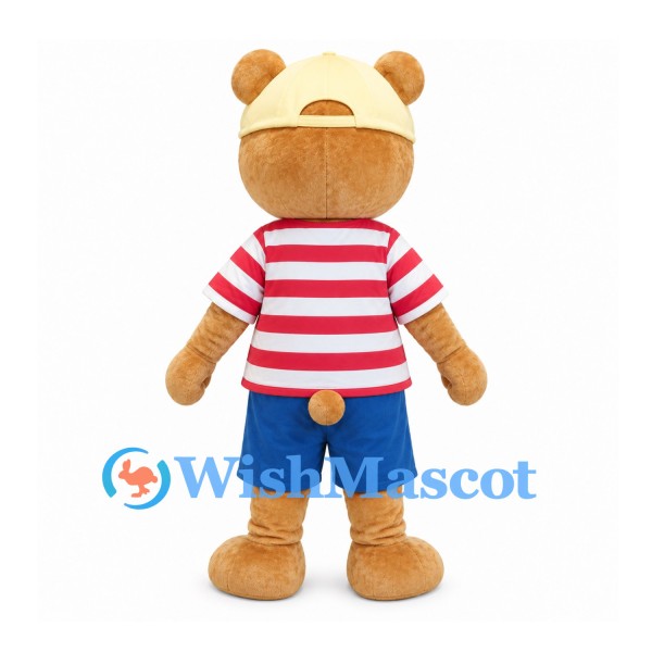 Bear Mascot Costume in Tan with Red Striped Shirt Blue Shorts and Visor