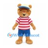 Bear Mascot Costume in Tan with Red Striped Shirt Blue Shorts and Visor