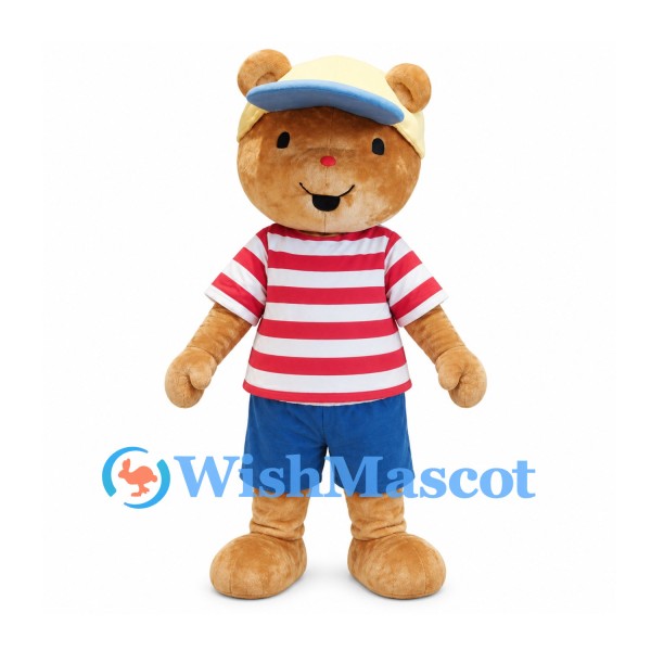 Bear Mascot Costume in Tan with Red Striped Shirt Blue Shorts and Visor