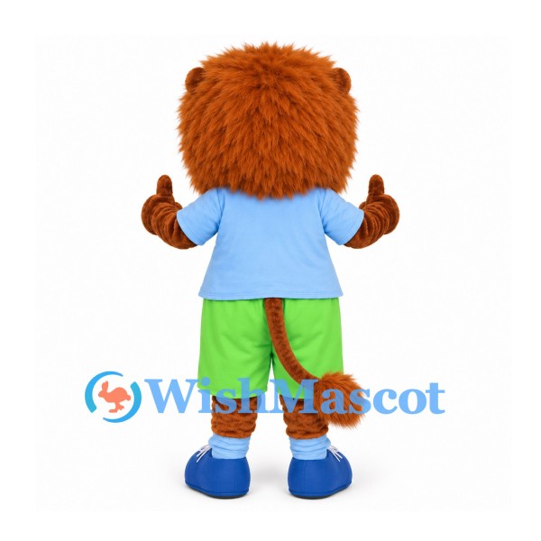Lion Mascot Costume in Orange with Blue Shirt and Lime Shorts