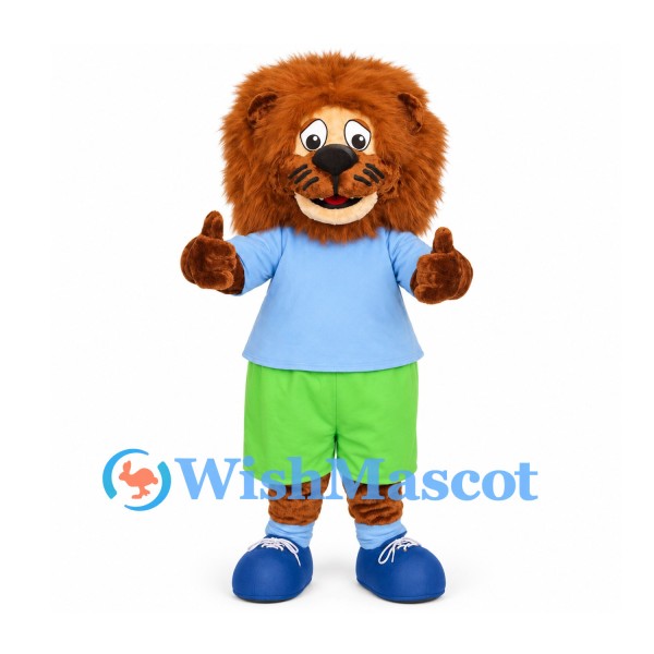 Lion Mascot Costume in Orange with Blue Shirt and Lime Shorts