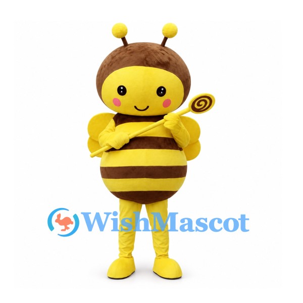 Bee Mascot Costume in Brown and Yellow with Rounded Body and Wings