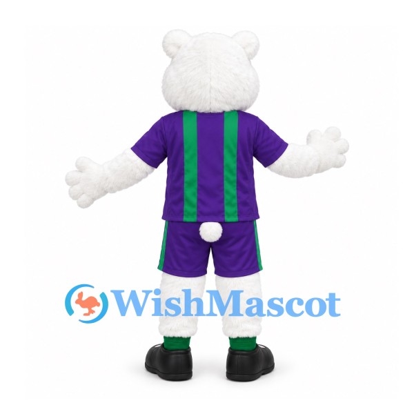 Polar Bear Mascot Costume in White with Purple Sports Uniform and Green Stripes