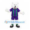 Polar Bear Mascot Costume in White with Purple Sports Uniform and Green Stripes