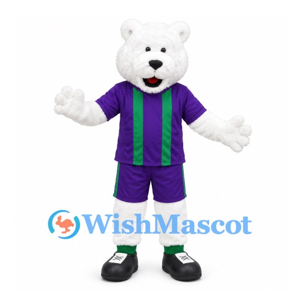 Polar Bear Mascot Costume in White with Purple Sports Uniform and Green Stripes