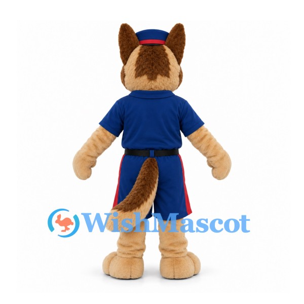 German Shepherd Mascot Costume in Tan with Blue Uniform and Cap