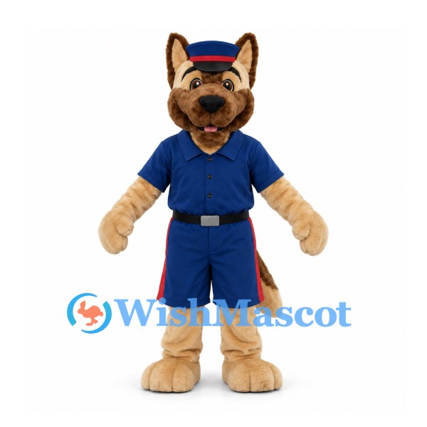 German Shepherd Mascot Costume in Tan with Blue Uniform and Cap