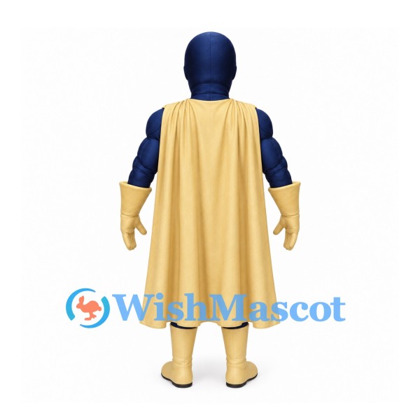 Superhero Mascot Costume in Navy with Gold Cape Gloves and Boots