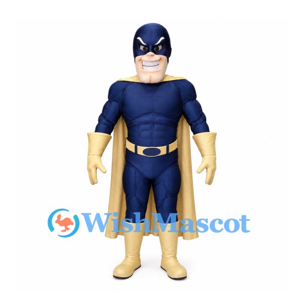 Superhero Mascot Costume in Navy with Gold Cape Gloves and Boots