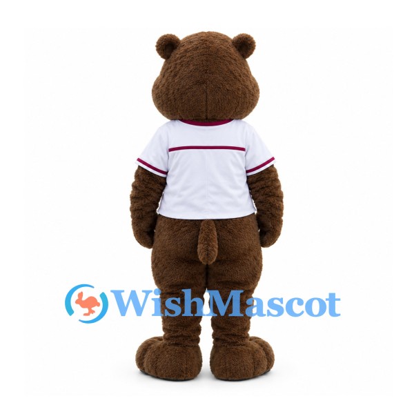 Beaver Mascot Costume in Brown with White Sports Shirt and Red Trim
