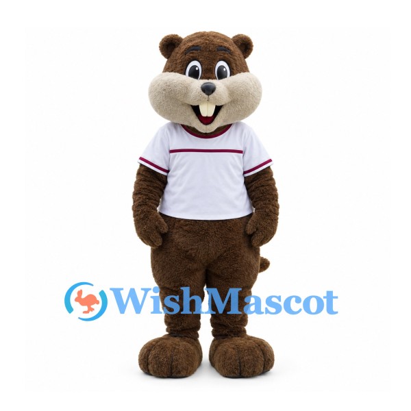 Beaver Mascot Costume in Brown with White Sports Shirt and Red Trim