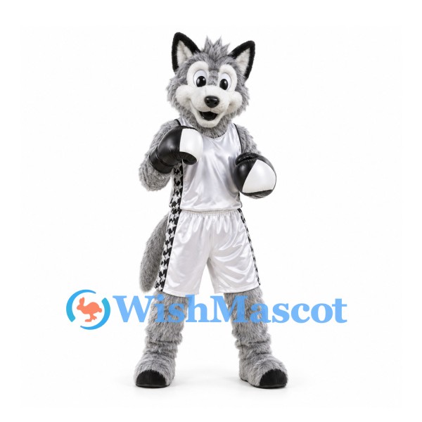 Wolf Mascot Costume in Gray with White Sports Uniform