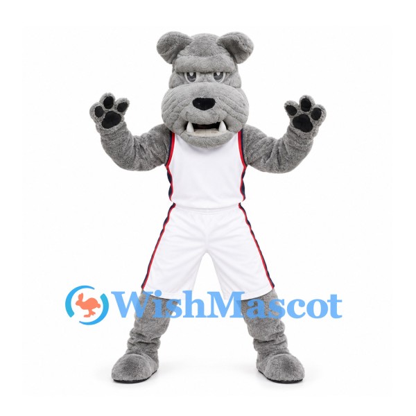 Bulldog Mascot Costume in Gray with White Basketball Uniform