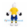 Stork Mascot Costume in White with Orange Beak Yellow Shirt and Blue Shorts