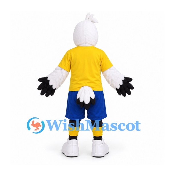 Stork Mascot Costume in White with Orange Beak Yellow Shirt and Blue Shorts