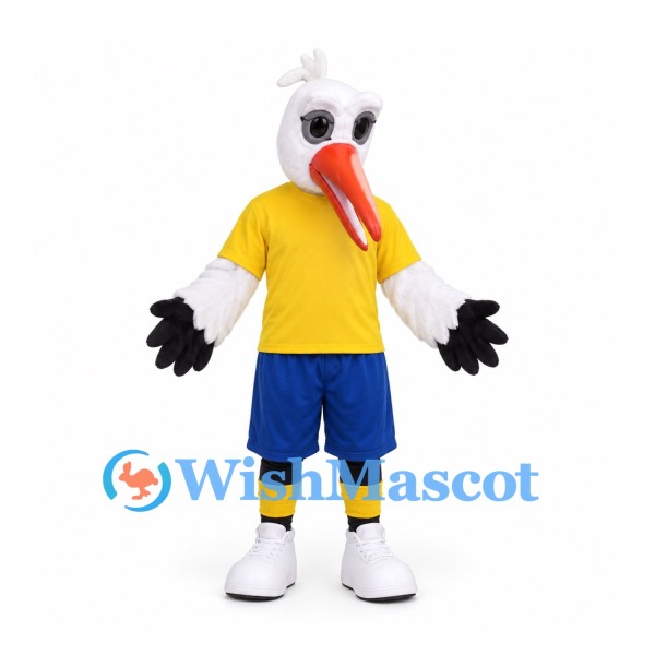 Stork Mascot Costume in White with Orange Beak Yellow Shirt and Blue Shorts