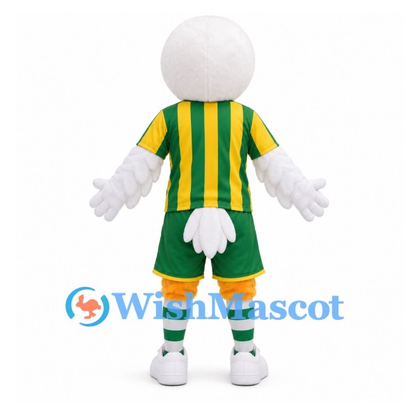 Eagle Mascot Costume in White with Green and Yellow Striped Sports Uniform
