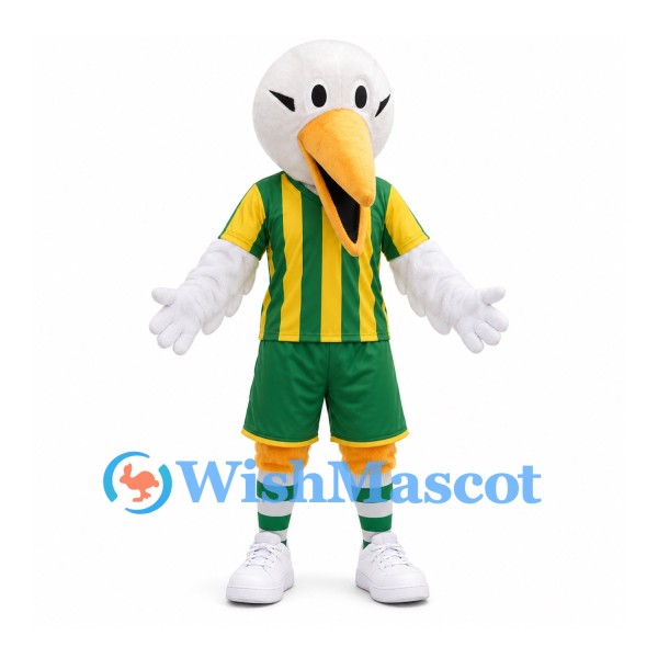 Eagle Mascot Costume in White with Green and Yellow Striped Sports Uniform