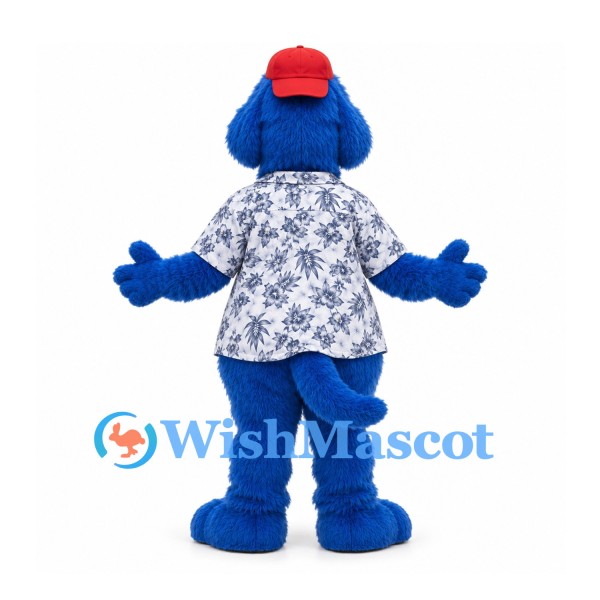 Dog Mascot Costume in Blue with Tropical Shirt and Red Cap