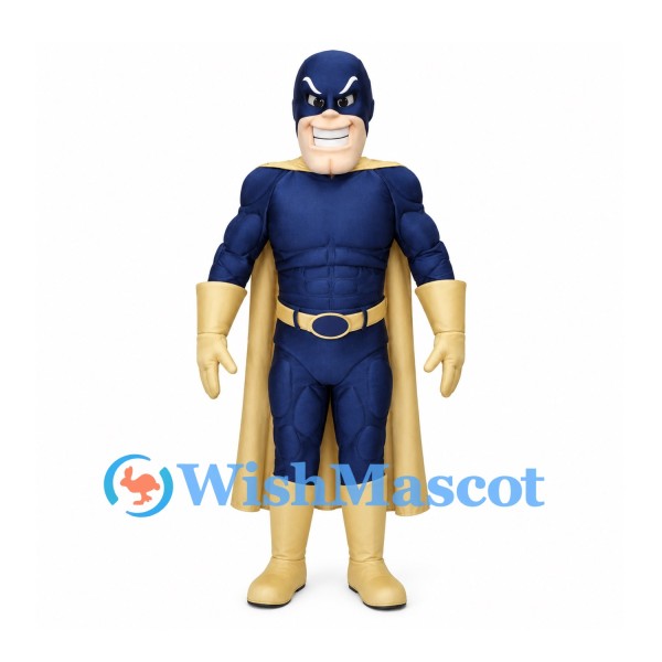 Superhero Mascot Costume in Navy with Gold Cape and Belt