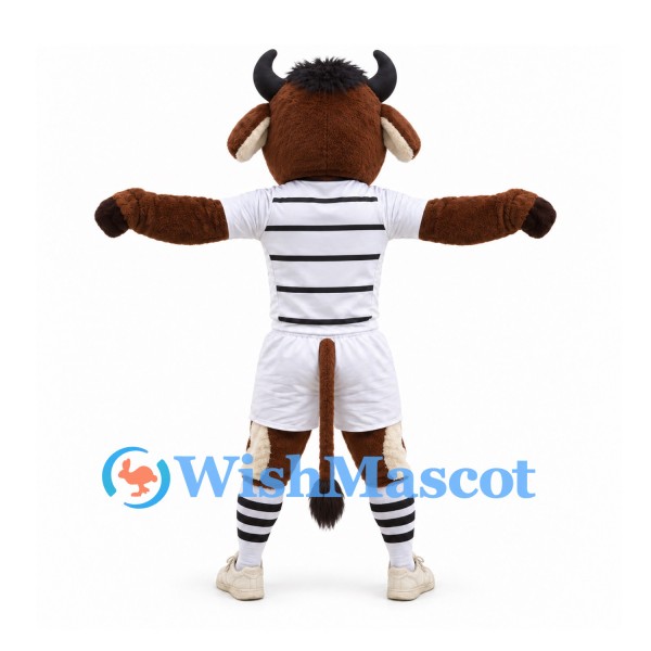 Bull Mascot Costume in Brown with Black and White Striped Sports Uniform