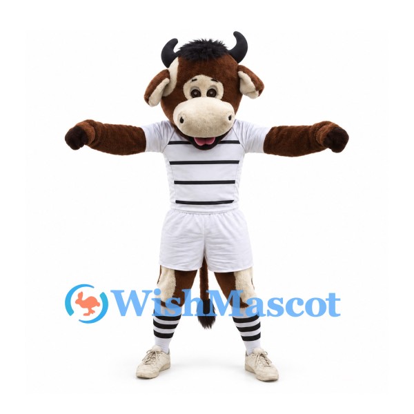 Bull Mascot Costume in Brown with Black and White Striped Sports Uniform