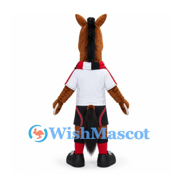 Horse Mascot Costume in Brown with White Sports Shirt and Red and Black Shorts