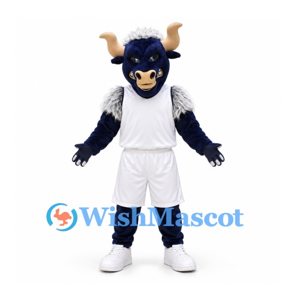 Bull Mascot Costume in Navy with White Basketball Uniform