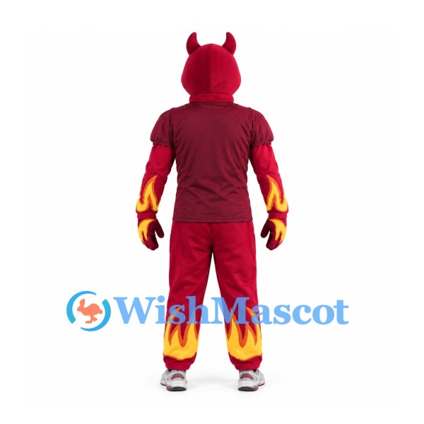 Devil Mascot Costume in Red with Burgundy Outfit and Flame Details