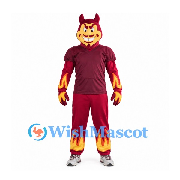 Devil Mascot Costume in Red with Burgundy Outfit and Flame Details