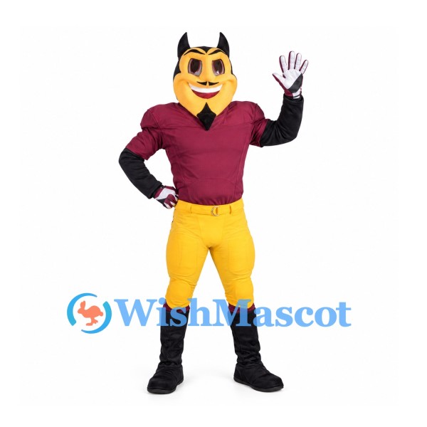 Devil Mascot Costume in Black and Yellow with Burgundy Shirt and Clawed Gloves