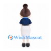 Woman Mascot Costume with Brown Hair Bun Navy Blouse and White Skirt