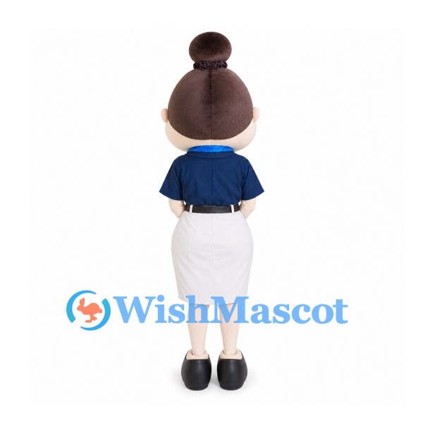 Woman Mascot Costume with Brown Hair Bun Navy Blouse and White Skirt