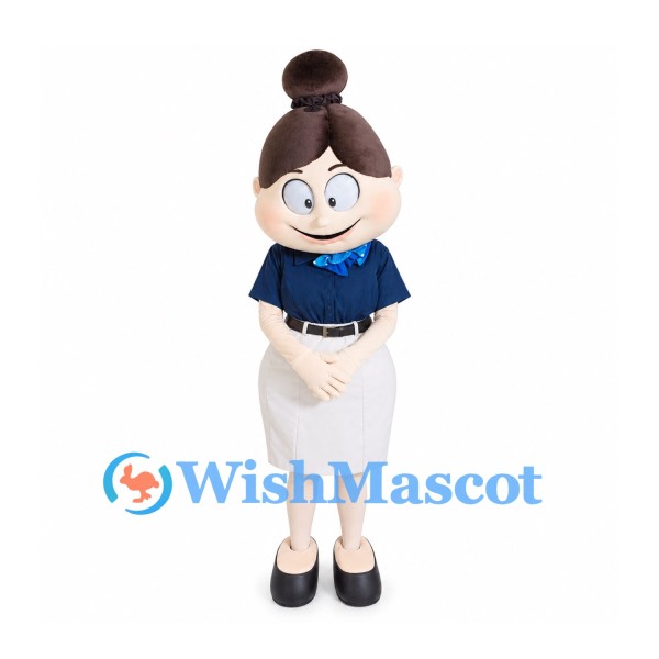 Woman Mascot Costume with Brown Hair Bun Navy Blouse and White Skirt