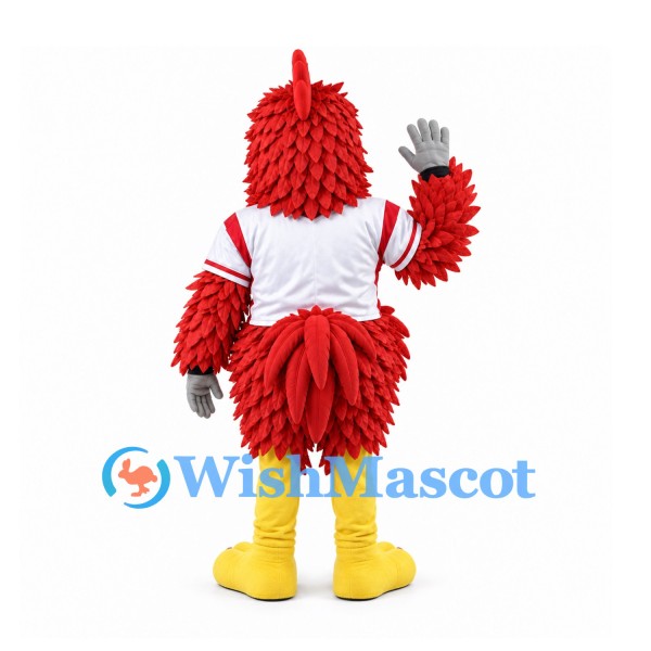 Cardinal Mascot Costume in Red with White Baseball Jersey and Layered Feathers