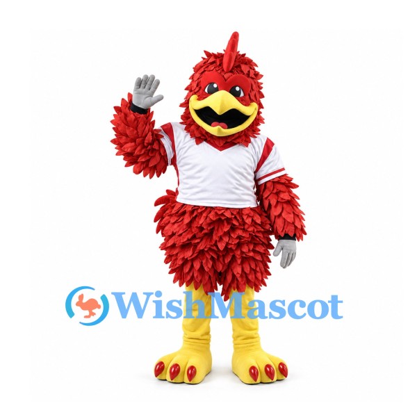 Cardinal Mascot Costume in Red with White Baseball Jersey and Layered Feathers