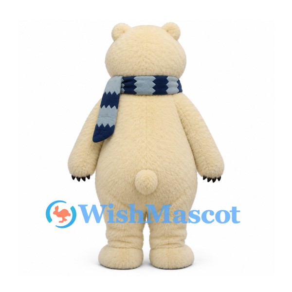 Polar Bear Mascot Costume in Cream with Blue Striped Scarf